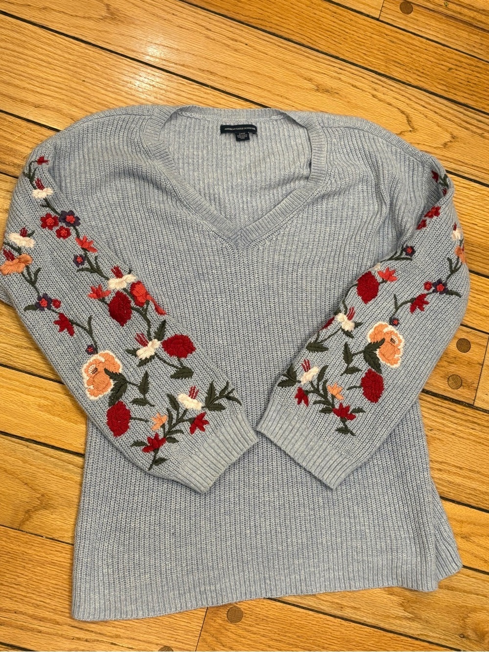 Light Blue V-Neck Sweater with Floral Embroidered Sleeves size small